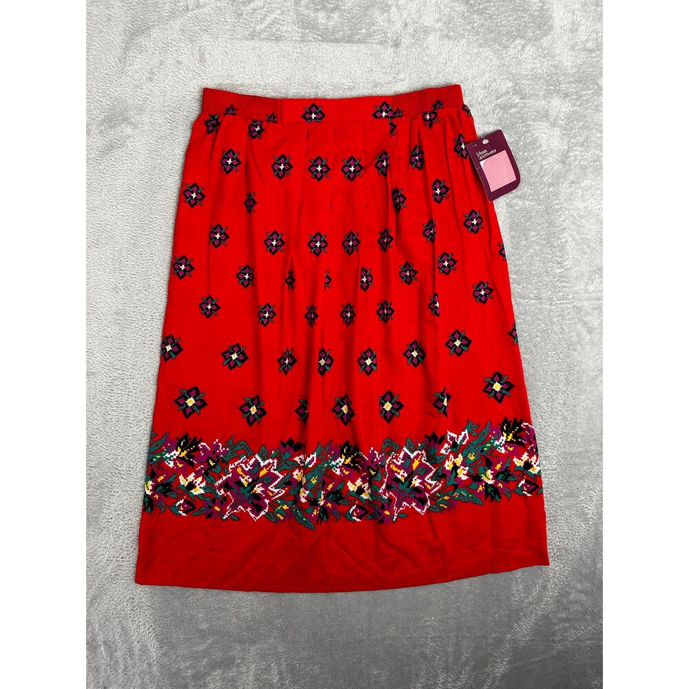 VTG 90s Pleated Midi Skirt Red Folk Art Floral Cross Stitch Boho Prairie USA - L